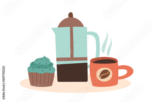 A coffee concept. Сoffee pot with a cup of beverage and a cake. Vector flat template. Concept of taking a break.