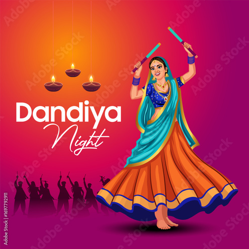 Garba Night poster for Navratri Dussehra festival of India. vector illustration design of peoples playing Dandiya dance.