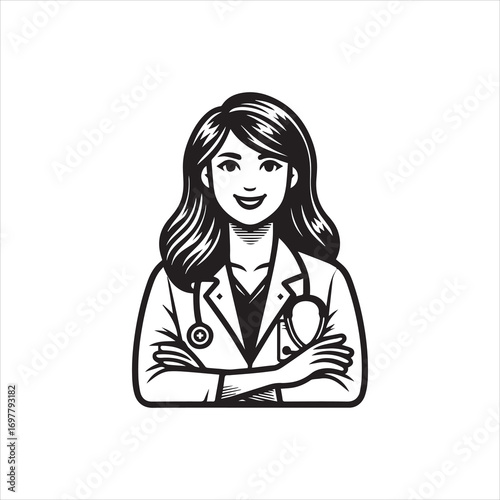 Smiling Female Doctor with Stethoscope and Crossed Arms Vector Illustration.