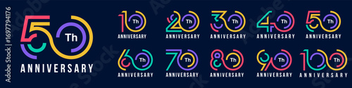 collection anniversary 10 to 100 year logo designs. abstract number for celebration event, wedding, greeting card, and invitation, vector illustration