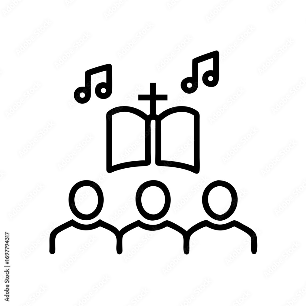 Church choir and bible line icon, black and white, representing worship and praise music