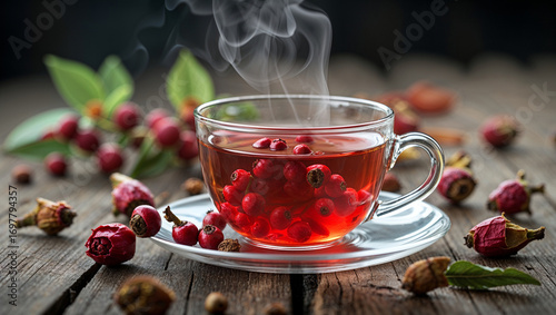 Glass cup of herbal berry tea with fresh hawthorn