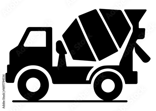 Black and white illustration of a minimalistic concrete mixer car icon on a white isolated background. Vector graphics. EPS.