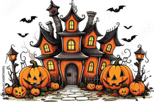 Spooky haunted house with pumpkins and bats for halloween themed celebrations art