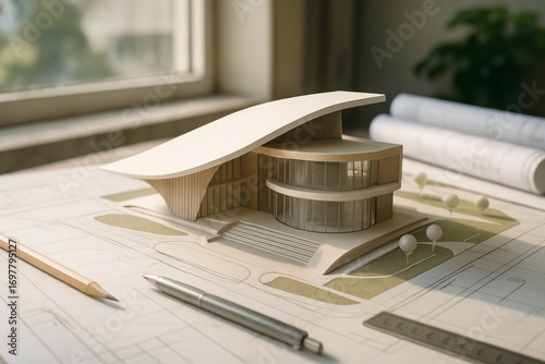Architectural Model Of Modern Building On Blueprint With Pencil And Pen Nearby