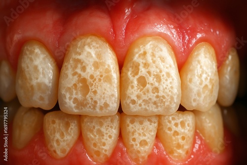 Close-up Of Teeth With Enamel Erosion And Pitted Surface Showing Dental Damage