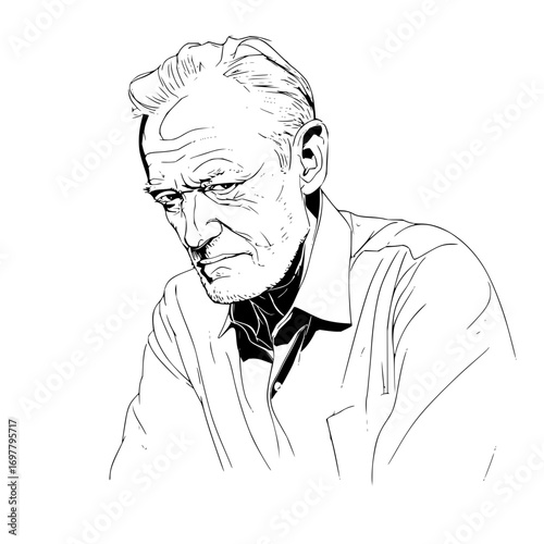 Illustration of a mature man with a thoughtful expression wearing a collared shirt in black and white style