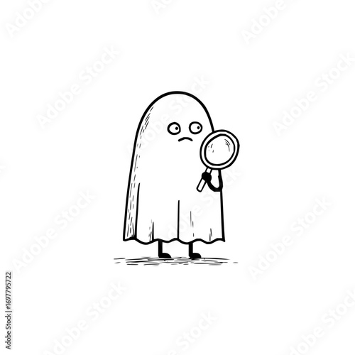 A cartoon ghost with a worried expression is holding a magnifying glass looking for something unknown now