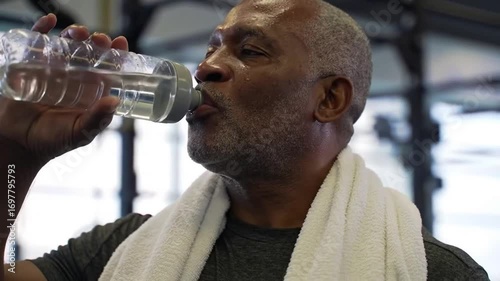 An older African-American man is drinking water from a clear plastic bottle, with a towel around his neck.