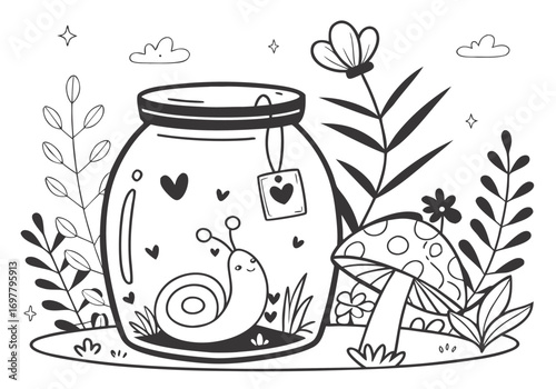 Adorable Snail in a Jar A Fun Coloring Page