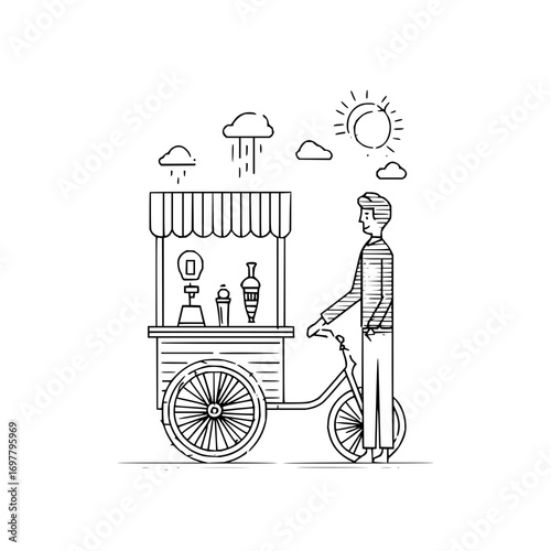 Man pushing ice cream cart on a bicycle with sun and rain clouds in a black and white line drawing style
