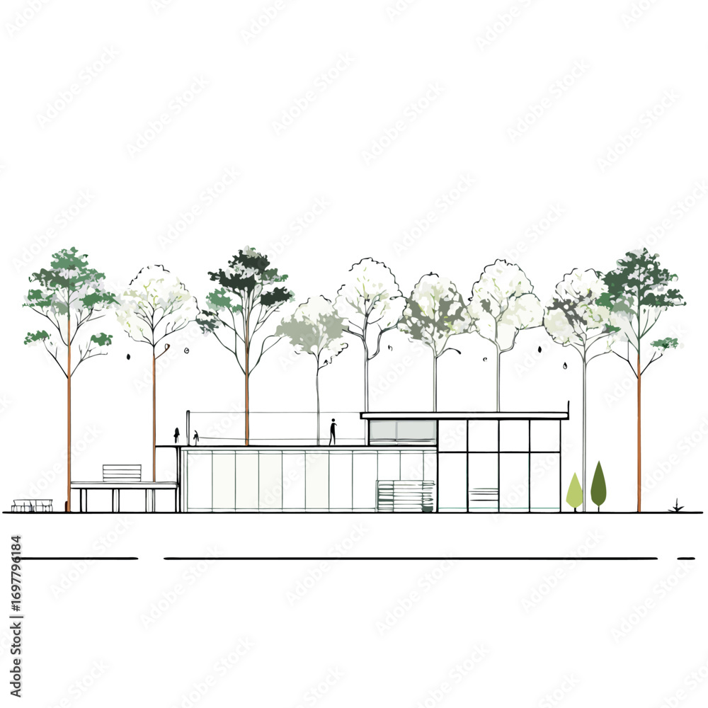 Obraz premium Architectural Drawings, Minimal style cad tree line drawing, Side view, set of section wetland forest outline for landscape design drawing. Vector illustration in seperate element