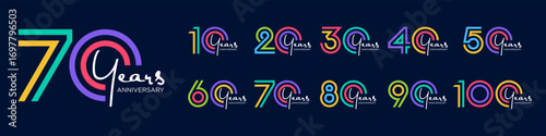 collection anniversary 10 to 100 year logo designs. abstract number for celebration event, wedding, greeting card, and invitation, vector illustration