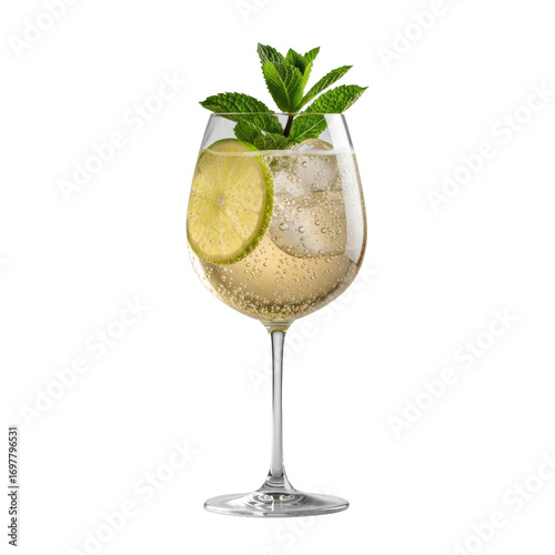 An elegant Hugo Spritz cocktail in a crystal clear stemmed wine glass with effervescent golden liquid, mint, lime, and condensation on a transparent background, commercial beverage concept