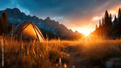 A captivating view of a tent amidst a breathtaking sunset, highlighting the natural beauty of mountains, tall grass, and the warmth of the fading sunlight in a serene environment.