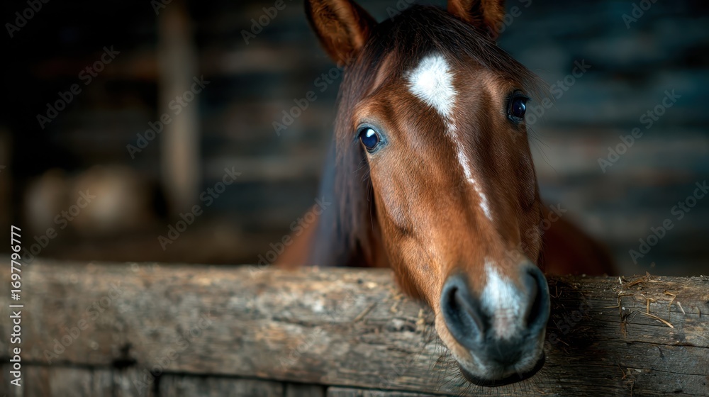 Naklejka premium A close-up of a beautiful brown horse looking over a rustic wooden fence, conveying a sense of curiosity and connection with its surroundings in a warm setting.