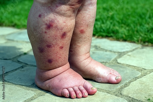 Baby Legs With Red Rash On Skin Standing On Stone Path Near Grass