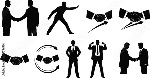 Silhouettes of businessmen shaking hands, successful deal, partnership agreement, business negotiation, teamwork, leadership, and corporate collaboration concepts.