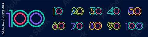 collection anniversary 10 to 100 year logo designs. abstract number for celebration event, wedding, greeting card, and invitation, vector illustration