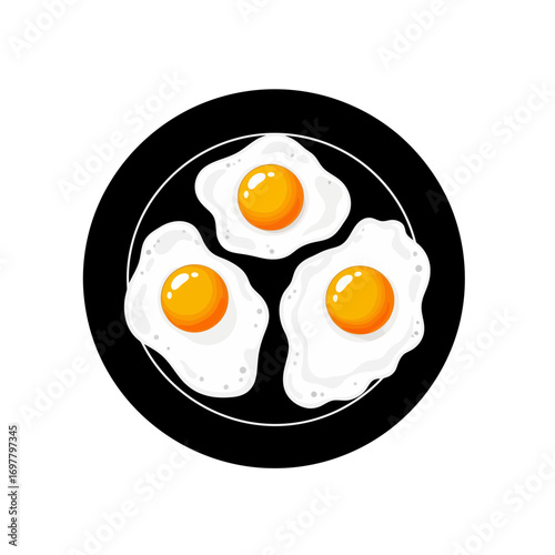Three sunny side up eggs on a black plate