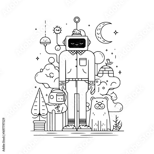 Line art illustration of a robot with a bear moon and other whimsical elements in black and white style