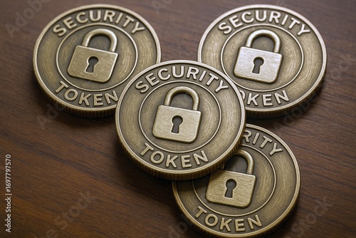 Four Gold Security Tokens With Lock Symbol On Wooden Surface