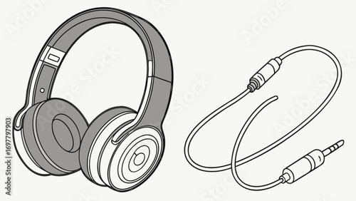Illustration of over ear headphones with a visible audio cable and jack on a white background created with generated ai