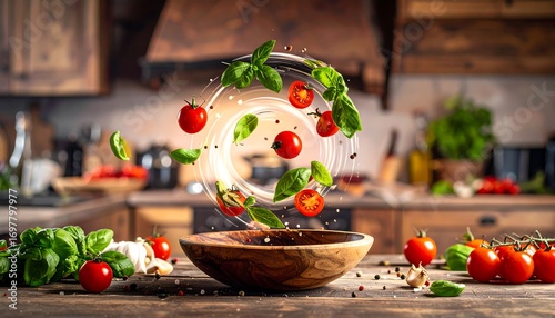Fresh cherry tomatoes and basil in a wooden bowl