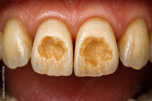 Close-up of human teeth showing decayed cavities on upper front teeth