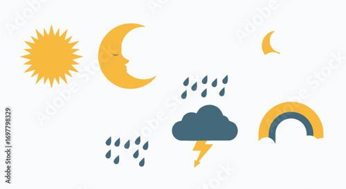 Weather Icons Sun Moon Rain Cloud with Lightning and Rainbow.
