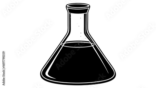 Illustration of a clear erlenmeyer flask filled with a dark liquid on a white background design created with generated ai