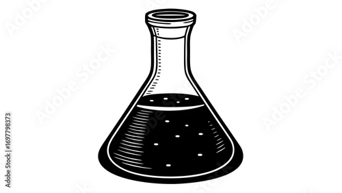Illustration of a black liquid in a conical flask with a narrow neck and a stopper at the top view created with generated ai