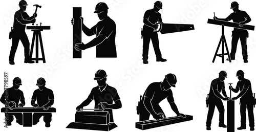 Silhouettes of carpenters and construction workers using tools, measuring, sawing, and hammering wood on job site vector illustration.
