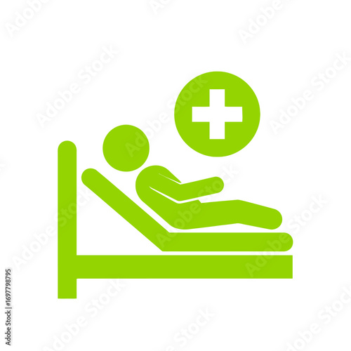 Vector art of green patient icon in hospital bed with medical cross