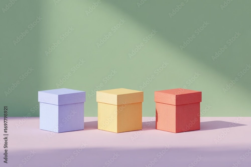 Obraz premium Colorful gift boxes arranged on pastel surface, casting soft sha