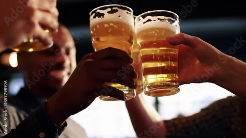 Close-up of several people toasting with glasses of beer, celebrating together in a bar.