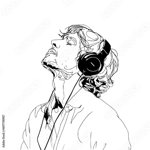 Illustration of a man with curly hair looking up while wearing headphones in black and white style