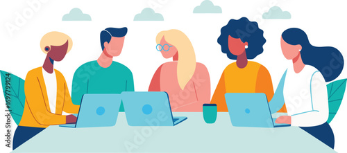 Diverse team collaborating on project with laptops in modern office setting