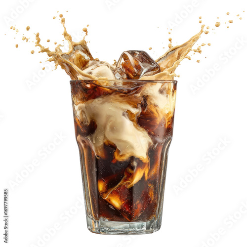 Refreshing drink splash.  Glass of cola with cream, ice cubes, and a dramatic splash
