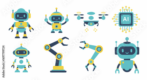 Collection of Cartoon Robots Drone Robotic Arms and AI Chip Illustration.