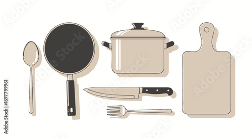 Kitchen Utensils Illustration Spoon Pan Pot Knife Fork and Cutting Board.