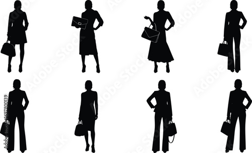 Silhouettes of confident businesswomen carrying handbags, formal attire, professional women posing, corporate style, leadership, and career success concept.