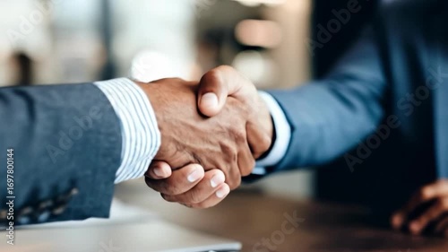 Handshake Deal: Close-up shot of two individuals clasping hands in a firm handshake, symbolizing an agreement or deal. The scene evokes trust and collaboration.