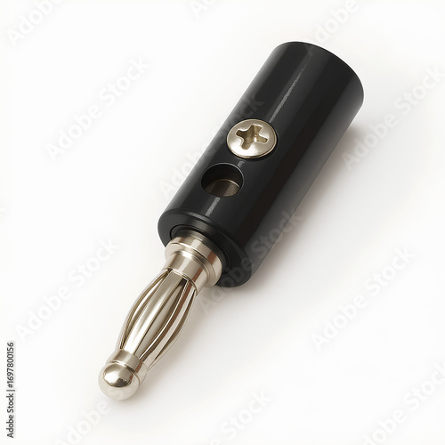 Black banana plug connector with a silver metallic pin for audio and electronic wiring.