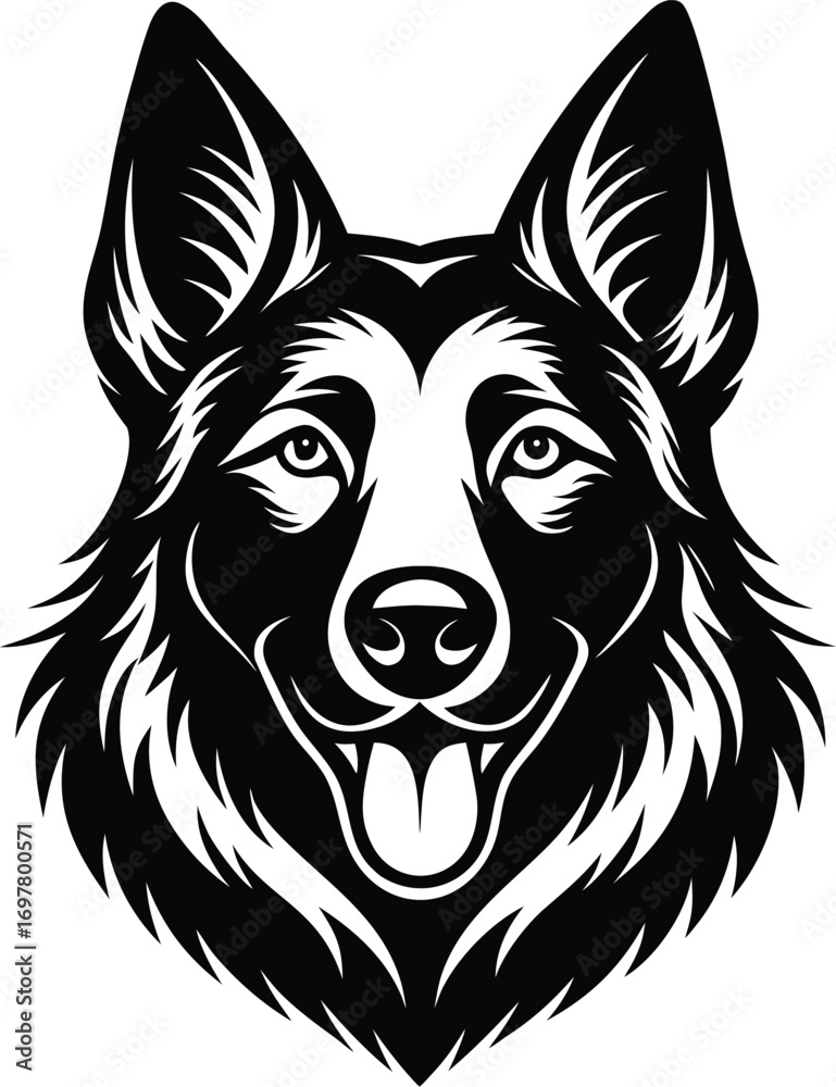 Naklejka premium Vector art of dynamic black and white illustration of a german shepherd dogs head, isolated on a, ideal for pet branding and graphic art