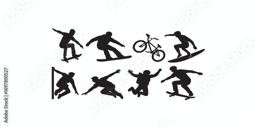 Print Vector Silhouettes of Extreme Sports and Action Scenes – skateboarders, snowboarders, BMX riders, surfers, parkour athletes, skydivers – bold dynamic silhouettes for adventurous and energetic  