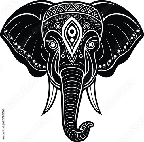 Vector art of an intricate black and white graphic illustration of an elephants head adorned with decorative tribal patterns and symbols, isolated on a