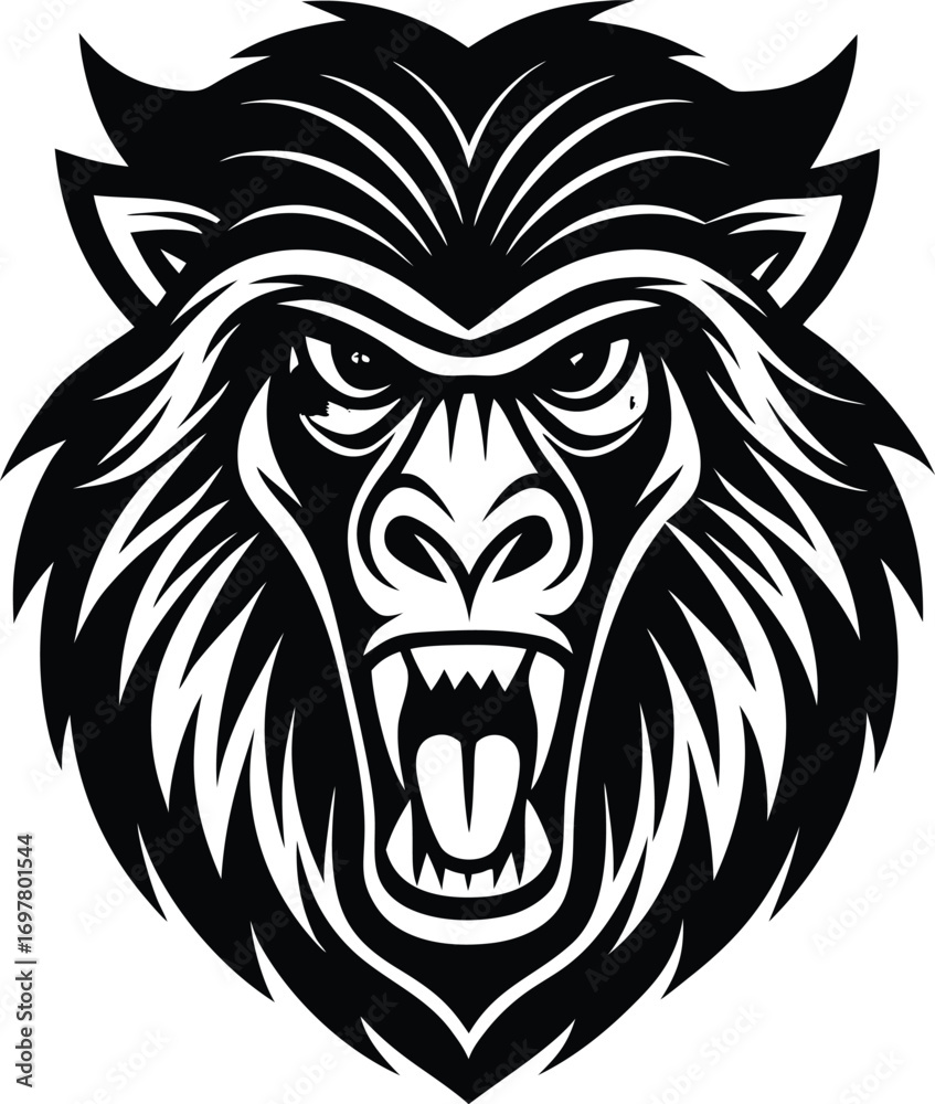 Obraz premium Vector art of aggressive black and white illustration of a gorillas face with an open mouth and sharp teeth, symbolizing aggression, power, and wildness