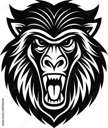 Vector art of aggressive black and white illustration of a gorillas face with an open mouth and sharp teeth, symbolizing aggression, power, and wildness
