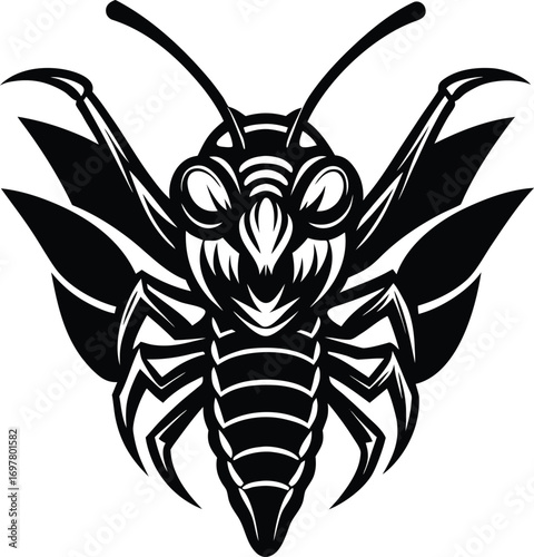 Vector art of intricate black and white illustration of a wasp or hornet, depicting a dangerous insect with sharp features, suitable for logos or emblems